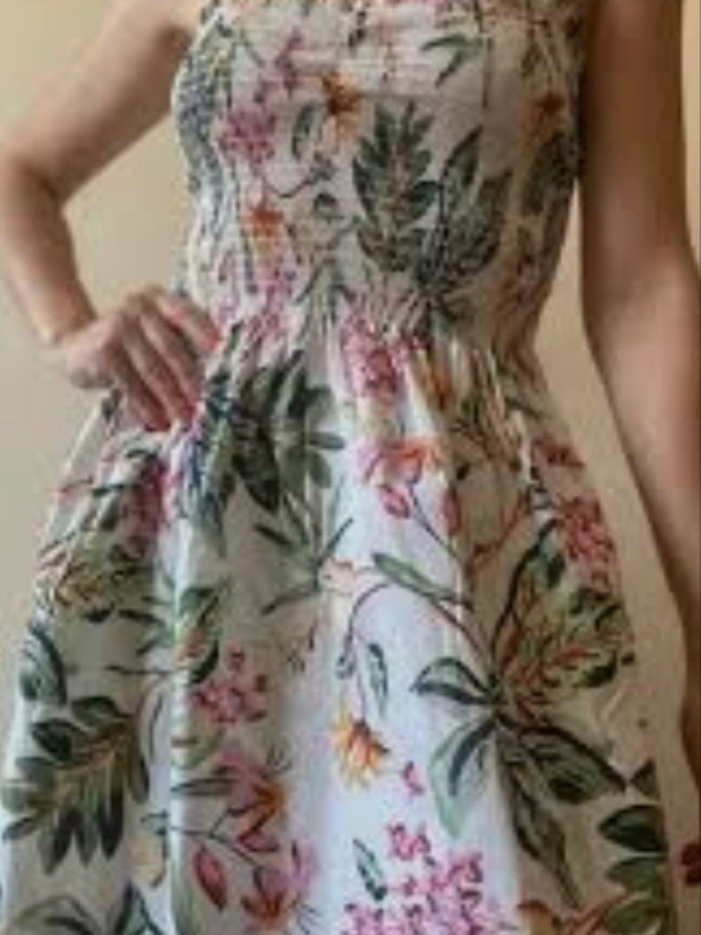 H&M Floral Smocked Bodice Summer Dress - Pink/Green